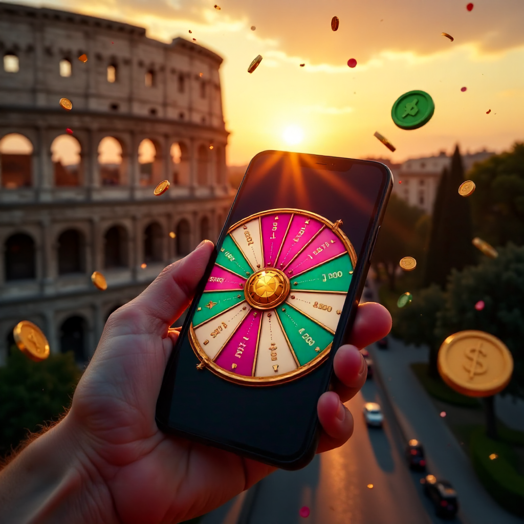 A hand holding a high-end smartphone displaying the official Crazy Time live wheel with vibrant pink and teal interface, background is the Roman Colosseum at sunset with Italian tricolor green-white-red confetti and golden coins exploding from the screen,